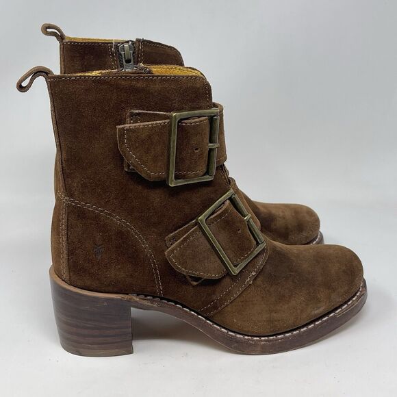 Frye Sabrina Boots Womens Brown Suede Double Buckle Side